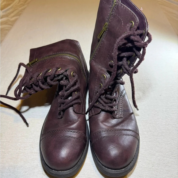 maroon Lace-Up Combat Boots with Side Zipper - Picture 5 of 6